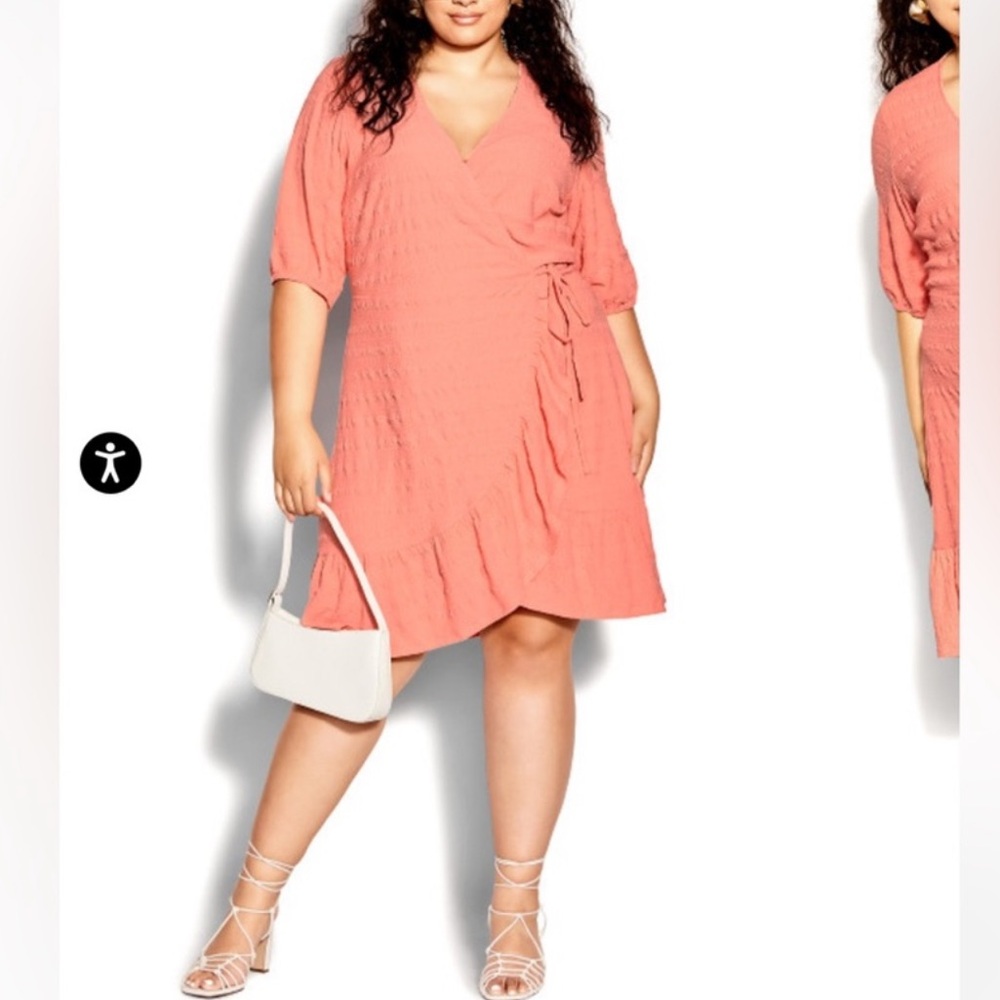 CITY CHIC Peach Pink Sweet Romance Puff Sleeve Cute Ruffle Wrap Mini Dress XL 22